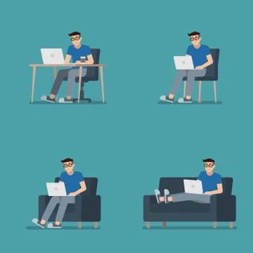 Man sitting with laptop set Stock Illustration