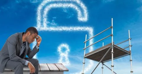 Man sitting by lock security cloud with  3D Scaffolding Foto stock