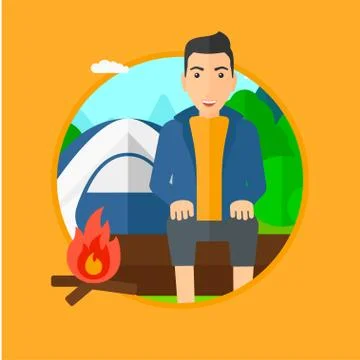 Man sitting on log in the camping. Stock Illustration