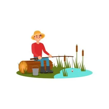 Man sitting on log with rod in hands. Young guy fishing on lake. Outdoor Stock Illustration