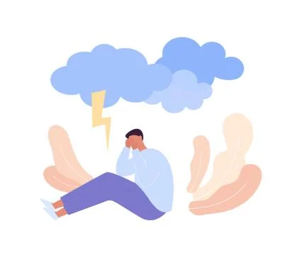 Man sitting in lonely depressed pose. Cloud with lightning sign Stock Illustration
