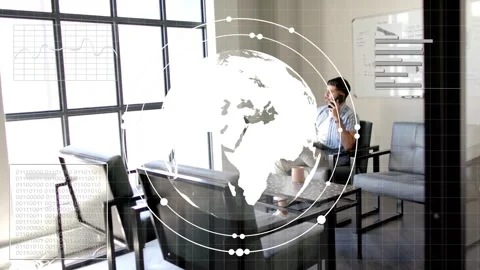 Man sitting in lounge on phone, typing, call starting globe HUD growing, Stock Footage 335235224