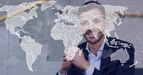 Man sitting as map overlay appearing, shifting, revealing face, adjusting and Stock Photos