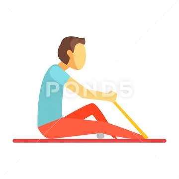Man sitting on a mat and exercising with rubber band and a small ball. Colorful Stock Illustration