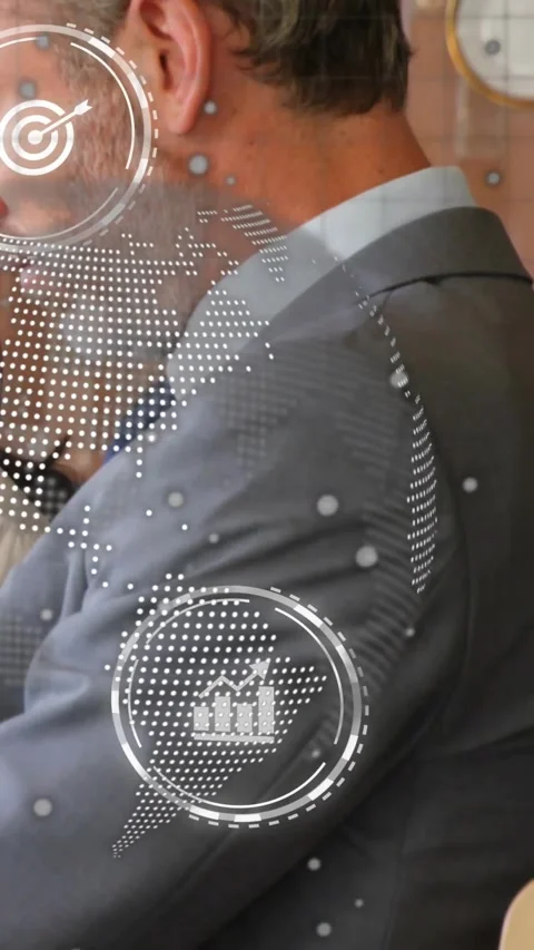 Man sitting in meeting, dotted globe tech projecting target chart lens icons Stock Footage 331431479
