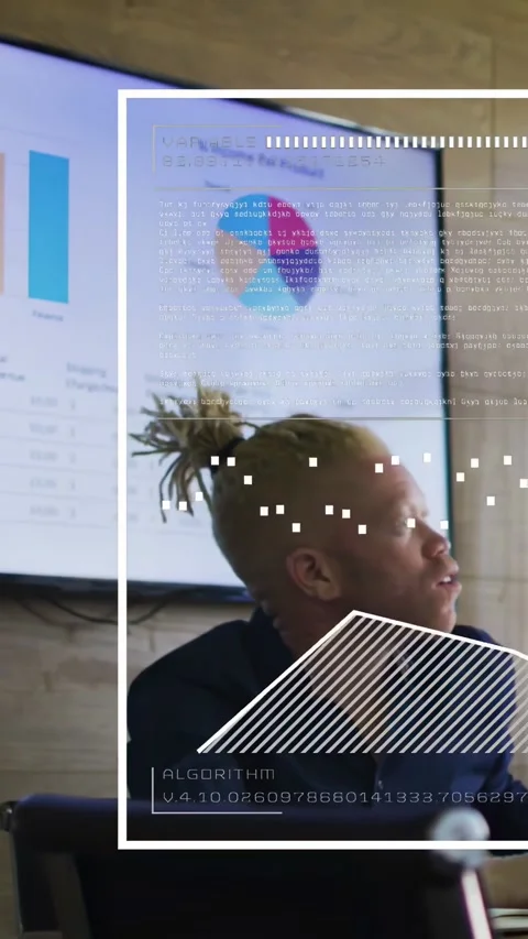 Man sitting meeting table, turning head as animated overlay moving, reviewing Stock Footage 331431449