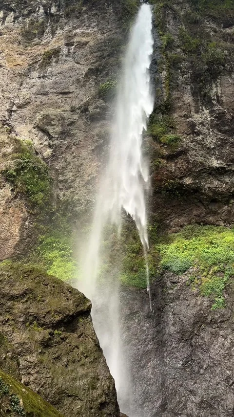 Man Sitting Next to Tall Waterfall in Tropical Forest Vertical Pan Down Stock Footage 323911904