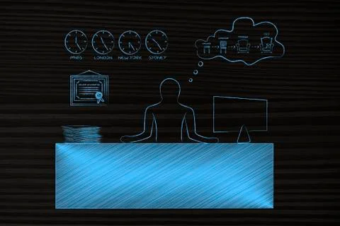 Man sitting at the office daydreaming of progressing from employee to Ceo Illustrazione stock