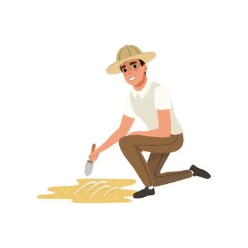 Man sitting on one knee and sweeping dirt from skeleton s bones. Cartoon Stock Illustration