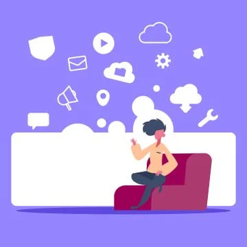 Man sitting online data cloud synchronization icons social network icon flat 库存插图