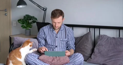 Man sitting in pajama on bed using tablet with cat playing with him, 4K Stock Footage 220559971
