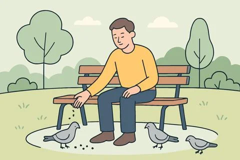 Man sitting on park bench feeding pigeons in a peaceful outdoor setting Stock Illustration