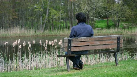 Man sitting on park bench overlooking a peaceful spring pond. 動画素材 334016888
