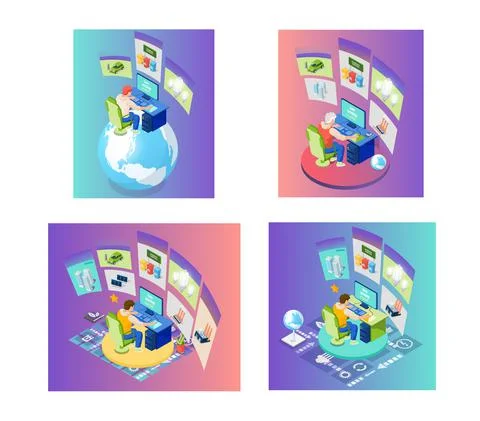 Man is sitting on planet with computer and working with green technology Stock Illustration