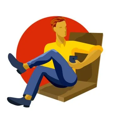 Man sitting, playing with smartphone, texting, messaging, using mobile phone Stock Illustration