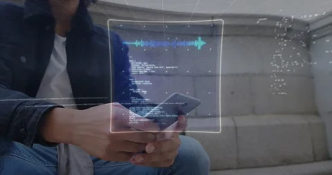 Man sitting on plaza bench tapping smartphone swiping and summoning holographic Stock-Footage 319574037
