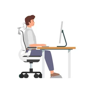 Man sitting properly at desk and working with computer Stock Illustration