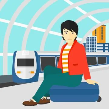 Man sitting on railway platform イラスト素材
