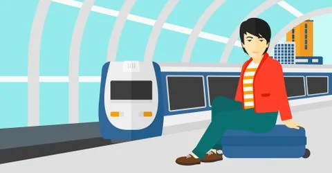 Man sitting on railway platform イラスト素材