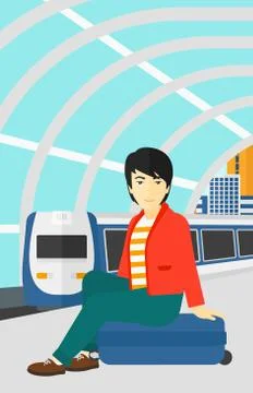Man sitting on railway platform イラスト素材
