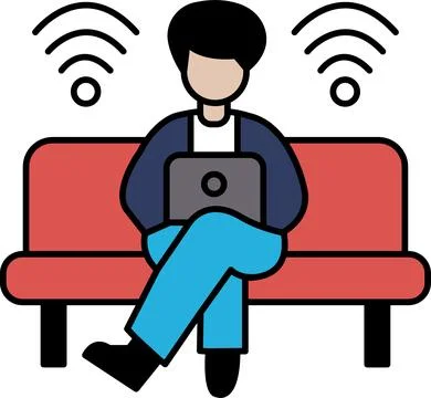 A man is sitting on a red couch and using a laptop 库存插图