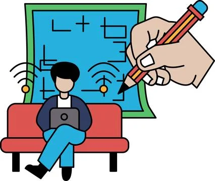 A man is sitting on a red couch with a laptop in front of him Stock Illustration