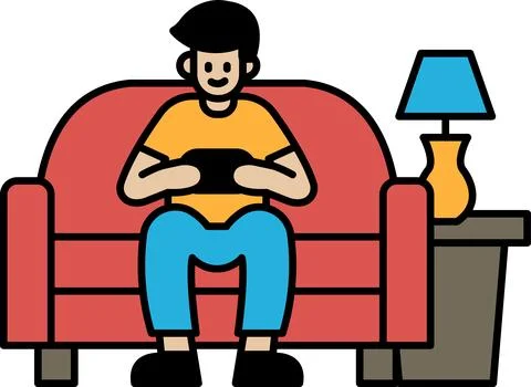 A man is sitting on a red couch playing a video game Stock Illustration