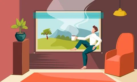 Man sitting relaxed in window drinking coffee Stock Illustration