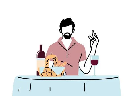 Man sitting at restaurant table with wine and breads basket vector design Illustrazione stock