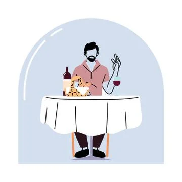 Man sitting at restaurant table with wine and breads basket vector design Illustrazione stock