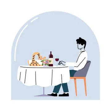 Man sitting at restaurant table with wine and breads basket vector design Illustrazione stock
