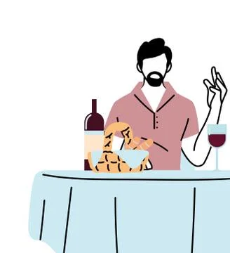 Man sitting at restaurant table with wine and breads basket vector design Illustrazione stock