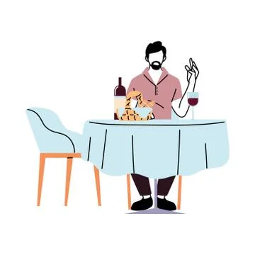 Man sitting at restaurant table with wine and breads basket vector design Illustrazione stock