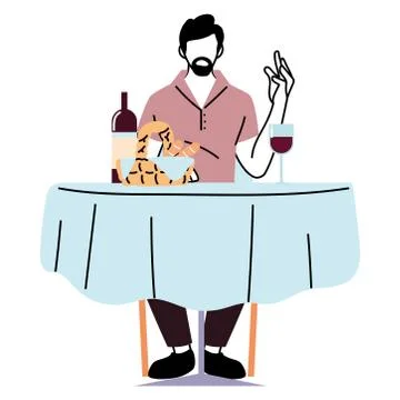 Man sitting at restaurant table with wine and breads basket vector design Illustrazione stock