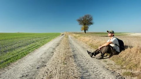 A man sitting by the road, fields and a lonely tree Stock Photos