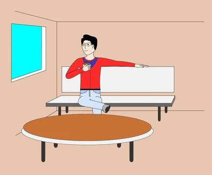 A man is sitting on a round table in a room Stock Illustration