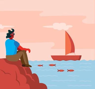 Man sitting at sea shore backside watching ship Stock Illustration