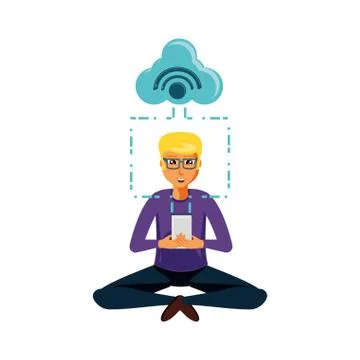Man sitting with smartphone and cloud computing 库存插图