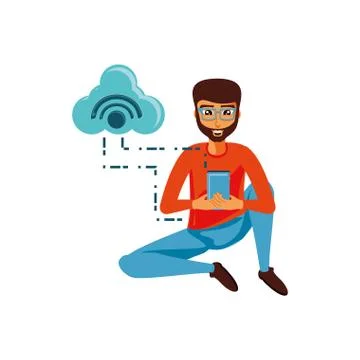 Man sitting with smartphone and cloud computing 库存插图