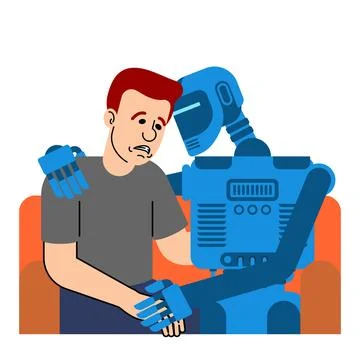 Man sitting on a sofa and hugging friendly AI robot. Vector illustration sy.. Stockillustratie