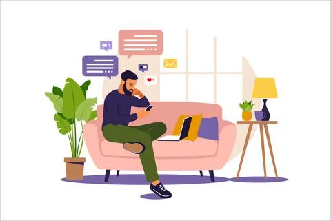 Man sitting in a sofa and working online at home. Freelance, online education Stock-Illustration