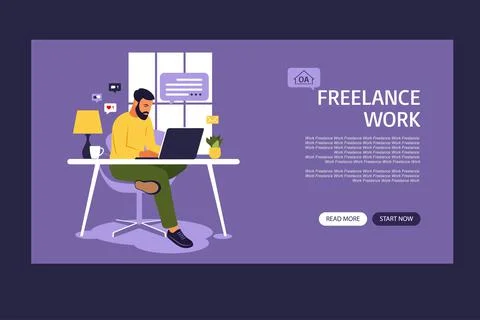 Man sitting in a sofa and working online at home. Home working . Landing page Stock-Illustration