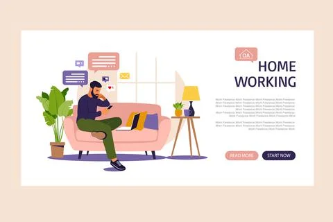Man sitting in a sofa and working online at home. Home working . Landing page Stock Illustration