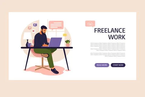 Man sitting in a sofa and working online at home. Home working . Landing page Stock Illustration