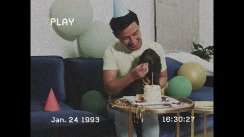 Man sitting sofa holding dog, picking cake piece, feeding dog, for birthday with Stock Footage 333033762