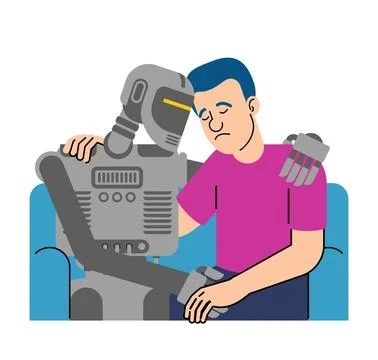 Man sitting on a sofa hugging AI robot friend. Vector illustration about hu.. Stock Illustration