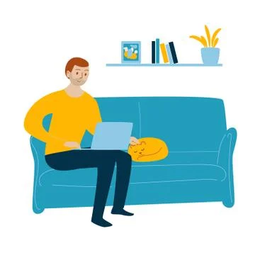 Man sitting on sofa with laptop. Illustrazione stock