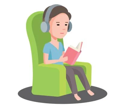 A man sitting on sofa reading book and listen to music Stock-Illustration