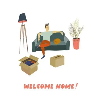 Man sitting on the sofa with sleeping cat Removal into a house Stock Illustration