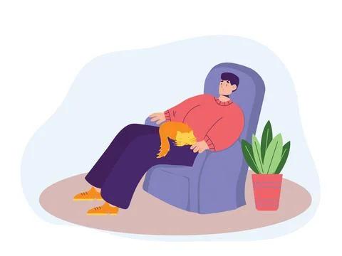 Man sitting on the sofa with sleeping cat Ilustración de archivo